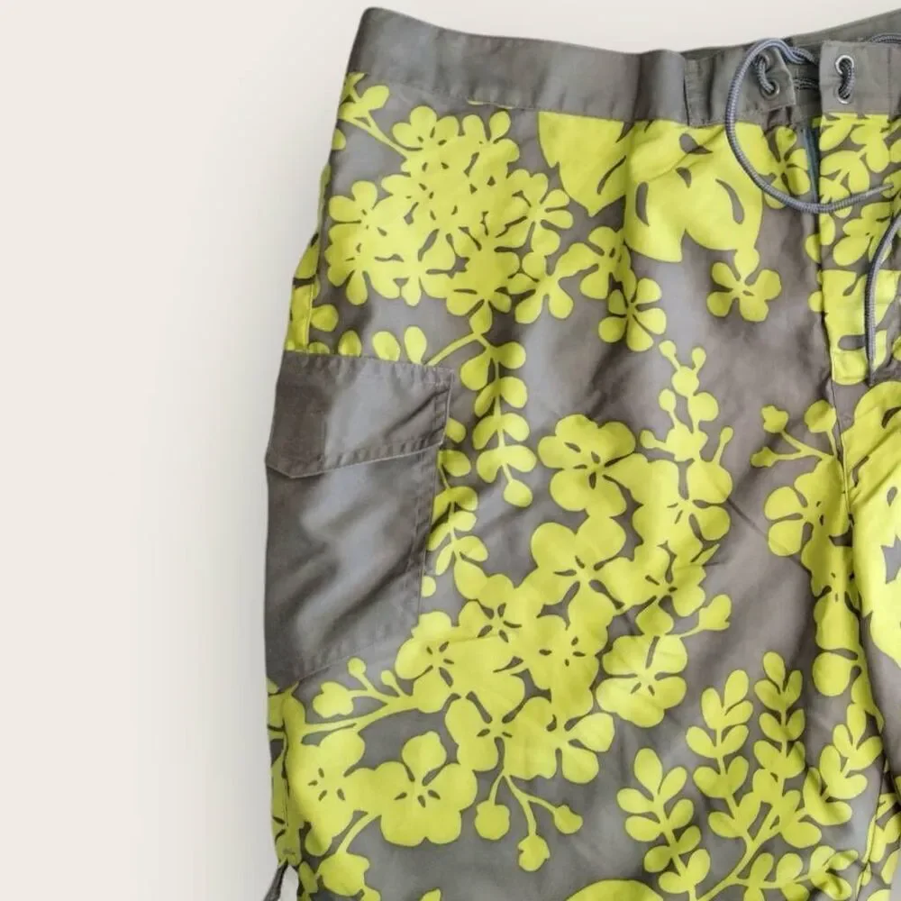 J‎ Crew Mens Swim Trunks Sz 38 Green Grey Hawaiian Swimsuit Drawstring Sport